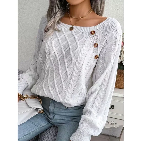White Wide Neck Knit Pullover Sweater with Button Detail - Picture 2 of 16